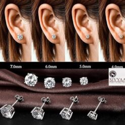 size guide- men's single white diamond stud earrings silver finish, SIVYAA basket setting, 4 prong