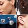 model wearing- SIVYAA men's single white diamond stud earrings silver finish, basket setting