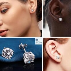 model wearing- SIVYAA men's single white diamond stud earrings silver finish, basket setting