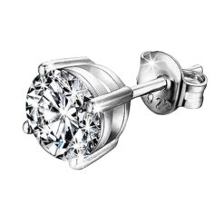 Men's single white round solitaire diamond stud earring, 4 prong basket setting, silver finish