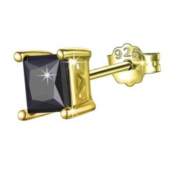 Men's single Black princess-cut solitaire Swiss cubic zirconia stud earring in gold finish