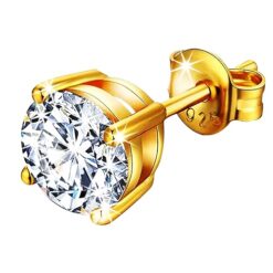 Men's white round solitaire diamond stud earring, 3 prong, gold finish