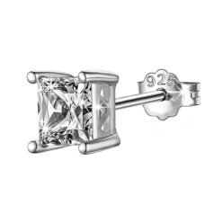 Men's single white princess-cut solitaire Swiss cubic zirconia stud earring in silver finish
