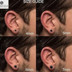 size guide- Men's black round solitaire diamond stud earring, 3 prong, gold finish