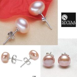 all side view-Stylish 8mm Pink Peach Pearl Stud Earring in Sterling Silver by SIVYAA