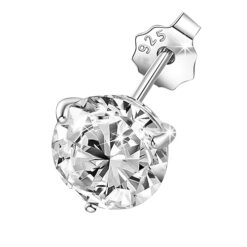 Men's white round solitaire diamond stud earring, 3 prong, silver finish