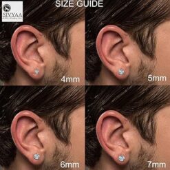 size guide- Elegant men's white round solitaire diamond stud earring, 3 prong, gold finish