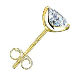 side view- Men's white round solitaire diamond stud earring, 3 prong, gold finish