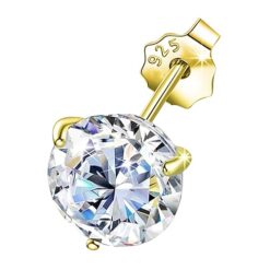 Men's white round solitaire diamond stud earring, 3 prong, silver finish