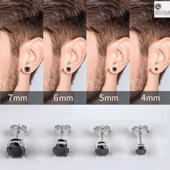 size guide- Men's black solitaire diamond earring, silver finish, 4-prong basket setting