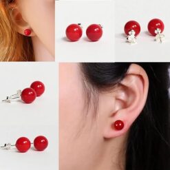 model wearing -Red Classic Pearl Stud Earring