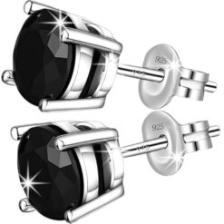 SIVYAA black round solitaire diamond stud earrings in silver finish, basket setting, 4 prong