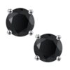 front view- SIVYAA black round solitaire diamond stud earrings in silver finish, basket setting, 4 prong