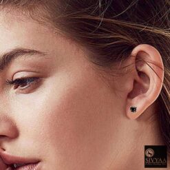model wearing- black diamond stud earrings silver finish, SIVYAA basket setting, 4 prong