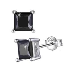 SIVYAA black solitaire princess cut diamond stud earrings in silver finish for a modern edgy vibe