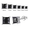 different sizes of SIVYAA men's single black solitaire princess cut diamond stud earrings, silver finish, for a statement-making modern appeal
