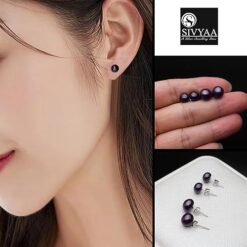 model wearing -Stylish Auberzine Pearl Silver Stud Earring by SIVYAA