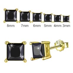 side & front view of SIVYAA men's single Black Solitaire Princess Cut Diamond Stud Earrings in Gold Finish – Bold Luxury Statement