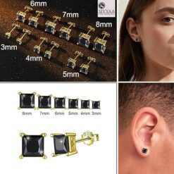 various sizes of SIVYAA black solitaire princess cut diamond stud earrings, gold finish, perfect for a bold luxury statement