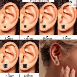 size guide SIVYAA men's single black solitaire princess cut diamond stud earrings, gold finish, exuding confidence and sophistication.