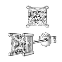 SIVYAA white solitaire princess cut diamond stud earrings, silver finish, for a statement-making elegant touch