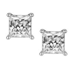 front view -SIVYAA white solitaire princess cut diamond stud earrings, silver finish for a bold yet refined look