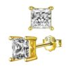 SIVYAA white solitaire princess cut diamond stud earrings in gold finish, ideal for minimalist elegance