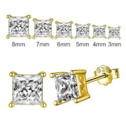 front & side view ,all sizes -SIVYAA men's single white solitaire princess cut diamond stud earrings, gold finish, perfect for bold elegance