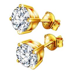SIVYAA white round solitaire diamond stud earrings in gold finish, basket setting, 4 prong