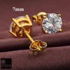 side & top view- 7mm white diamond stud earrings gold finish, SIVYAA basket setting, 4 prong