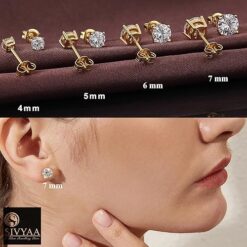 model wearing- men's single white diamond stud earrings gold finish, SIVYAA basket setting, 4 prong