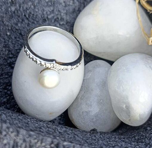 view 2- SIVYAA stunning V-Shape, Pearl & Cubic Zirconia pure silver Finger Band