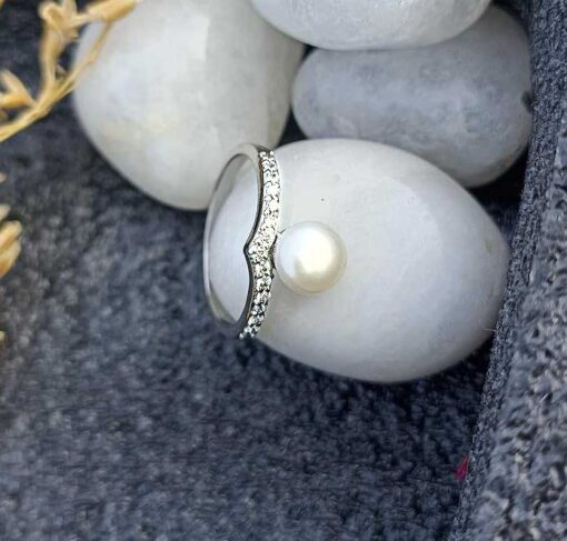 view 3- SIVYAA stunning V-Shape, Pearl & Cubic Zirconia pure silver Finger Band