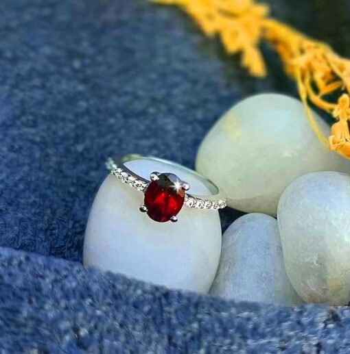 view 1- SIVYAA Oval Cut Garnet & Cubic Zircon pure silver Finger Band