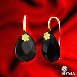view 1- Handcrafted Pear SIVYAA Black Onyx Gold Plated pure silver dangle Earrings