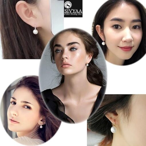 model wearing - SIVYAA Fresh Water White Pearl Tiny Drop Dangle pure silver Earrings