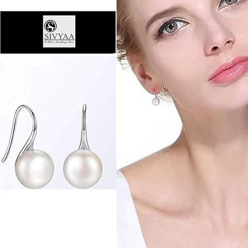 model wearing - SIVYAA Fresh Water White Pearl Tiny Drop Dangle pure silver Earrings