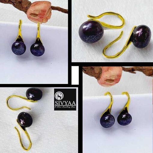 all side view- gold finish SIVYAA Fresh Water Aubergine (purple) Pearl Tiny Drop Dangle pure silver Earrings