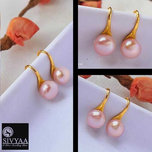 all side view- Gold Finish SIVYAA Fresh Water Pink Pearl Tiny Drop Dangle pure silver Earrings