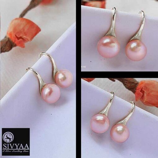 all side view- SIVYAA Fresh Water Pink Pearl Tiny Drop Dangle pure silver Earrings