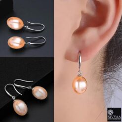 model wearing-SIVYAA Fresh Water Pink Tear Drop Pearl Hook Dangle Earrings