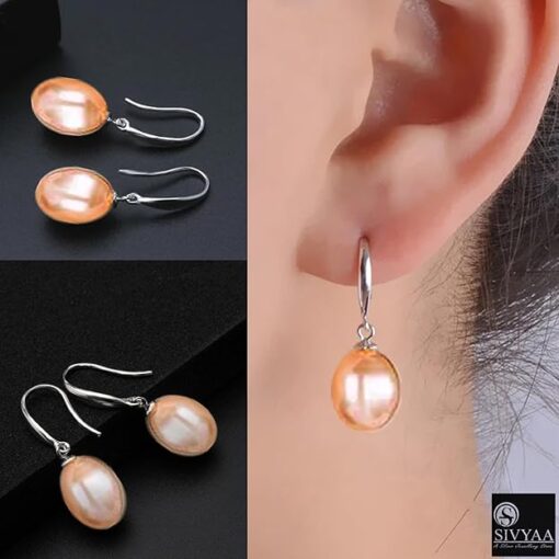 model wearing-SIVYAA Fresh Water Pink Tear Drop Pearl Hook Dangle Earrings