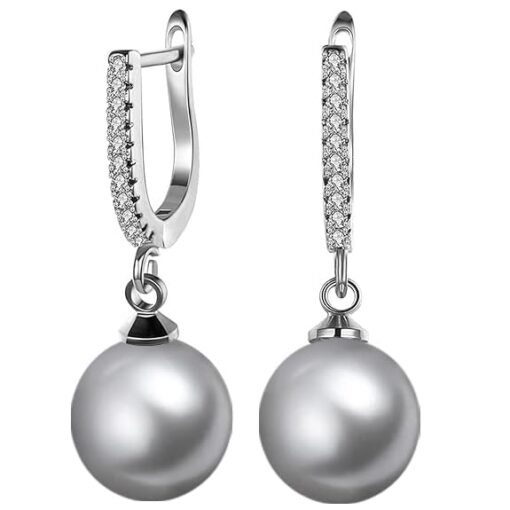 SIVYAA Solitaire Classic Silver Pearl Drop Dangle Hoop Earrings