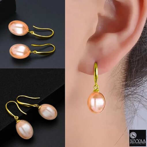 model wearing-gold finish SIVYAA Fresh Water Pink Tear Drop Pearl Hook Dangle Earrings