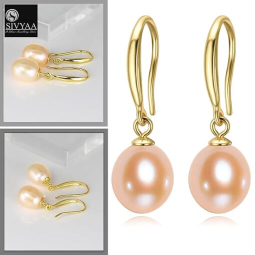 all side view- gold finish SIVYAA Fresh Water Pink Tear Drop Pearl Hook Dangle Earrings
