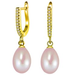 SIVYAA Solitaire Fresh Water Tear Drop Pink Pearl Dangle pure silver Hoop Earrings gold finish