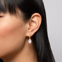 model wearing- SIVYAA Solitaire Fresh Water Tear Drop Pink Pearl Dangle pure silver Hoop
