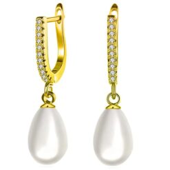 gold finish SIVYAA Solitaire Fresh Water Tear Drop White Pearl Dangle pure silver Hoop Earrings