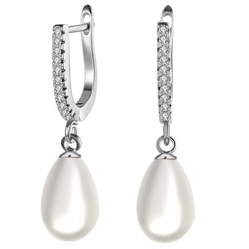 SIVYAA Solitaire Fresh Water Tear Drop White Pearl Dangle pure silver Hoop Earrings