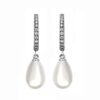 front view- SIVYAA Solitaire Fresh Water Tear Drop White Pearl Dangle pure silver Hoop Earrings